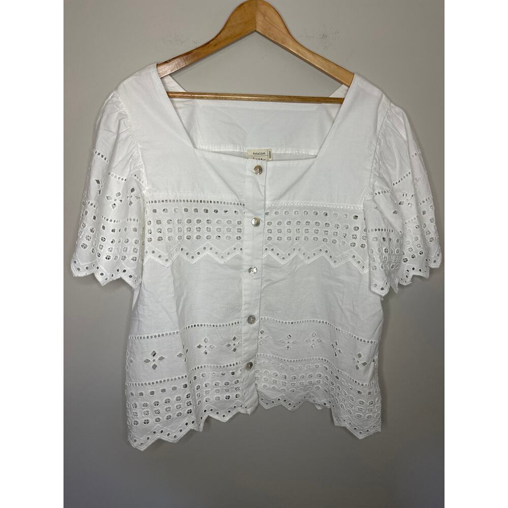 NWOT Artelier Nicole Miller White Button Down Short Sleeve Size L Puff Sleeve